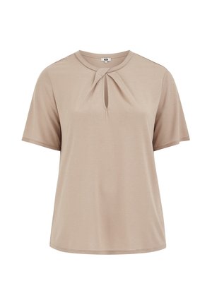 Beige bluse med korte ærmer, rund halsudskæring og en lille nøglehulskæring foran i midten.