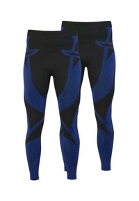 Blaue und schwarze Leggings mit tailliertem Design. Verfügt über kantige Akzente, eine strukturierte Oberfläche und einen breiten Taillenbund für Komfort.