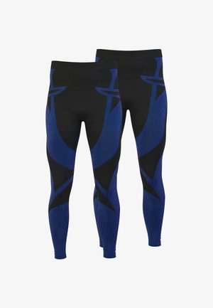 Blaue und schwarze Leggings mit tailliertem Design. Verfügt über kantige Akzente, eine strukturierte Oberfläche und einen breiten Taillenbund für Komfort.