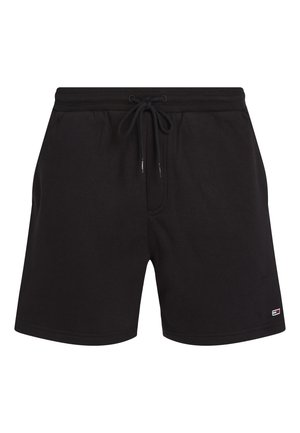 Schwarze lässige Shorts mit elastischem Bund und Kordelzug, mit einem kleinen rechteckigen Markenlogo nahe dem Saum am linken Bein.