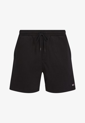 Μαύρα casual σορτς με ελαστική μέση και κορδόνι, με ένα μικρό ορθογώνιο λογότυπο της μάρκας κοντά στο τελείωμα στο αριστερό πόδι.