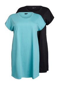 Deux t-shirts : un turquoise clair et un noir. Les deux ont des manches roulées, un col rond et une coupe décontractée. Fabriqués en tissu doux.