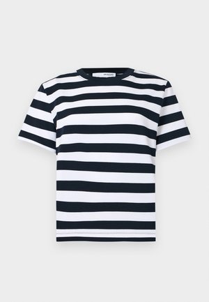 Striped t-shirt in black and white with short sleeves, crew neck, and a straight hem. Made from a soft, breathable cotton material.