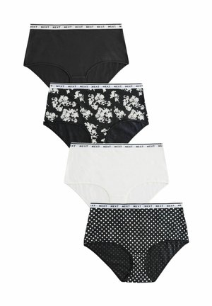 Fyra par damunderkläder: svarta, blommönstrade, vita och med prickar. Tillverkade av bomull med elastiska midjeband märkta "NEXT."