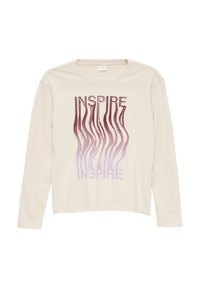 Langärmliges, cremefarbenes Baumwoll-T-Shirt mit lila "INSPIRE"-Schriftzug und wellenförmigen Linien. Lässige Passform und weiche Textur.