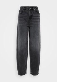 Black high-waisted jeans with a relaxed fit, featuring five pockets and belt loops. Smooth denim texture with slight fading on the legs.