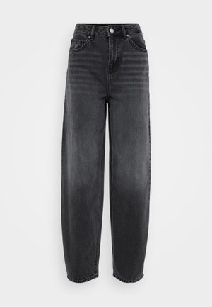 Jeans neri a vita alta con una vestibilità rilassata, caratterizzati da cinque tasche e passanti per cintura. Tessuto denim liscio con leggero sbiadimento sulle gambe.