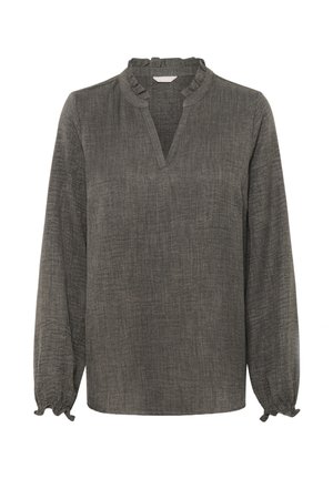 Graue, strukturierte Langarmbluse mit einem Rüschen-Ausschnitt, V-förmigem Schnitt und gerafften Manschetten. Das Material wirkt leicht und atmungsaktiv.
