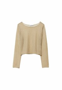 Avkortad långärmad topp i ljus guldshimmer-tyg; rund halsringning, mjuk textur och minimal sömdetalj.