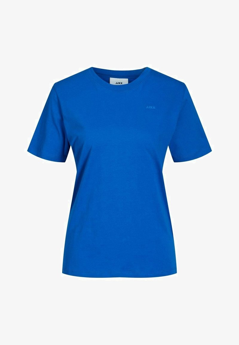 Blaues Baumwoll-T-Shirt mit kurzen Ärmeln, Rundhals und einem dezenten Logo in passender Farbe auf der Brust. Glatte Textur und lässiges Design.