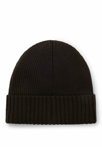 Brown knit beanie with a ribbed texture, rounded shape, and turned-up cuff. Made from flexible, warm material suitable for cold weather.