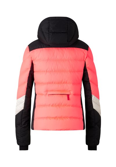Padded jacket in bright pink with black accents, featuring a hood, multicolored chevron pattern on sleeves, and a rear pocket detail.