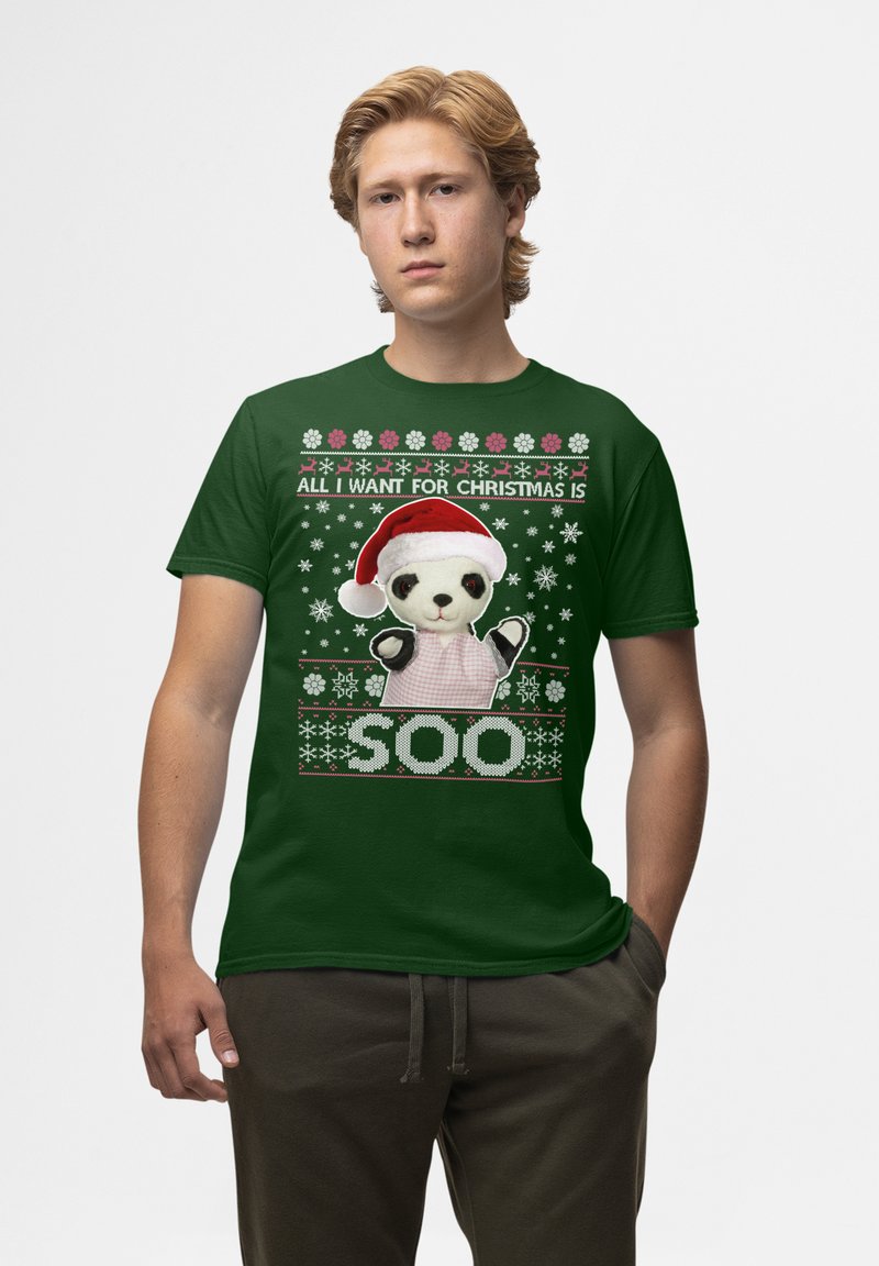 Zelené bavlněné tričko s pandou nosící čepici Santa a růžovou zástěrou, s vánočními texty a vzory sněhových vloček.