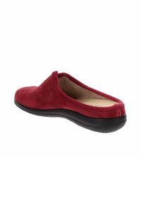 Pantofola rossa in suede con suola nera in gomma, schienale basso e interno imbottito beige.