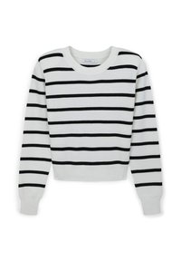 Felpa bianca con strisce orizzontali nere, caratterizzata da un collo rotondo, maniche lunghe e un lunghezza cropped. Realizzata in un morbido materiale a maglia.