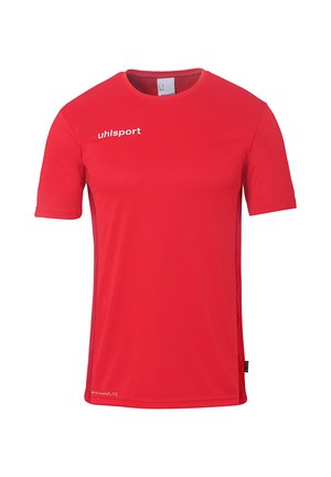 Rød sporty t-shirt lavet af letvægtsmateriale. Korte ærmer, rund halsudskæring med hvidt "uhlsport" logo på forsiden.