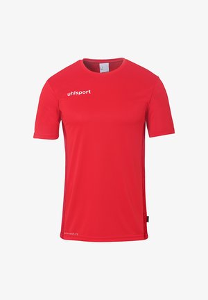 Rød sporty t-shirt lavet af letvægtsmateriale. Korte ærmer, rund halsudskæring med hvidt "uhlsport" logo på forsiden.