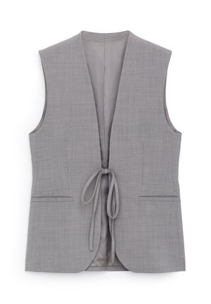 Mouwloos grijs vest met striksluiting aan de voorkant, twee steekzakken aan de zijkant en een gladde binnenvoering.