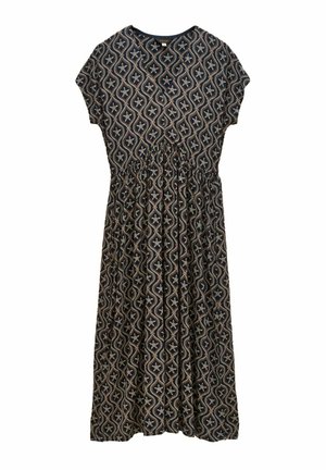 Schwarzes Midi-Kleid mit kurzen Ärmeln, tailliertem Schnitt und durchgehendem beigen Stern- und Wellenmuster in geometrischem Design.