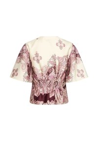 Blouse à manches courtes avec motif paisley rose et bordeaux, taille élastique froncée, et fond crème, vue de dos.