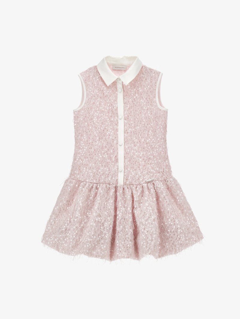 Vestido sin mangas de color rosa claro con textura, cuello blanco, botones en la parte delantera y falda acampanada, con delicados lentejuelas por todo el vestido.