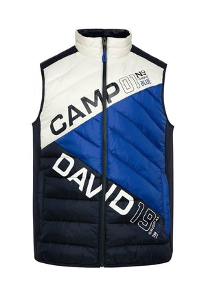 Podložen brezrokavnik z barvnim blokiranim dizajnom v mornarsko modri, modri in beli barvi ter velikimi grafičnimi napisi. Zadrga spredaj in visok ovratnik.