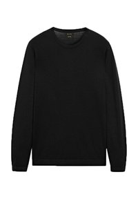 Pull long à manches longues noir à col rond, au design simple et uni, avec des poignets et un ourlet côtelés.