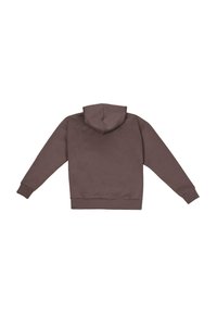 Brun hættebluse med en glat tekstur, der har en kængurulomme, ribbede manchetter og kant, set bagfra.