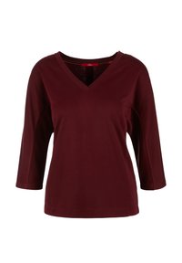 Burgundy 3/4 hiha toppi, jossa on V-pääntie. Valmistettu pehmeästä, joustavasta materiaalista, jossa on sileä pinta ja huomaamattomat, siistit saumat.