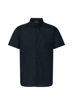 Chemise bleu marine à manches courtes avec col, design uni et boutons centrés verticalement à l'avant.