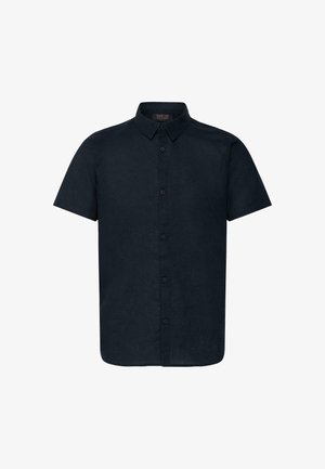 Chemise bleu marine à manches courtes avec col, design uni et boutons centrés verticalement à l'avant.