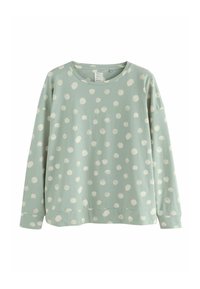 Mintgrüner Langarm-Sweatshirt mit einem weißen Punktmuster, im lässigen Schnitt und mit Rundhalsausschnitt. Weiche Stofftextur.