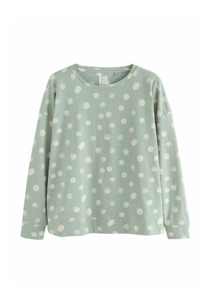 Mintgrøn langærmet sweatshirt med et prikket mønster i hvidt, afslappet pasform og rund hals. Blødt stof. 