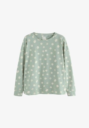 Miętowa długosleeve bluza z wzorem w groszki w kolorze białym, o luźnym kroju i okrągłym dekolcie. Miła w dotyku tkanina.