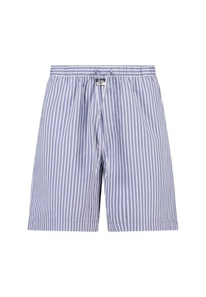 Shorts en coton à rayures verticales bleu clair et blanches avec ceinture élastique et cordon de serrage à l'avant.