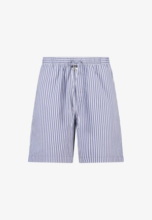 Lichtblauwe en witte verticale gestreepte katoenen short met elastische tailleband en touwtje aan de voorkant.