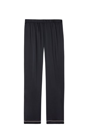 Pantalon noir avec une taille élastique, caractérisé par une coupe ample et une bordure de couleur claire à l'ourlet, confectionné dans un tissu lisse.