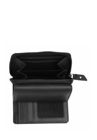 Zwarte leren portefeuille met een ritssluiting, meerdere kaartsleuven en een gaas-IDvenster. Het interieur heeft een soepele textuur en georganiseerde compartimenten.