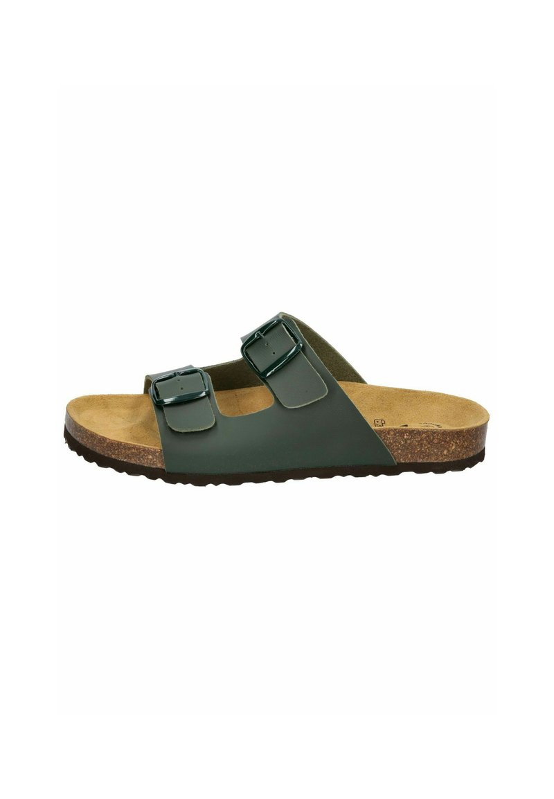 Green slide sandal with two adjustable buckles, made of smooth synthetic material, featuring a cork sole and textured footbed for comfort.