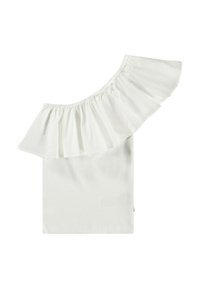 Witte off-the-shoulder top met een gathered ruffled halslijn, gladde stof en een aangesloten pasvorm. Eenvoudig, minimalistisch ontwerp zonder patronen.