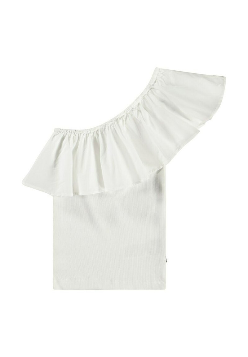 Witte off-the-shoulder top met een gathered ruffled halslijn, gladde stof en een aangesloten pasvorm. Eenvoudig, minimalistisch ontwerp zonder patronen.