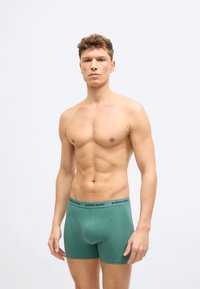 Άνδρας χωρίς πουκάμισο, στέκεται μπροστά σε λευκό φόντο φορώντας πράσινα μποξέρ Björn Borg, κοιτάζοντας ευθεία μπροστά με ουδέτερη έκφραση.