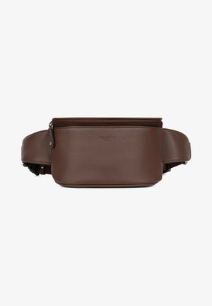 Brown leather waist bag with textured finish, zip closure, adjustable strap, and embossed branding; rectangular shape with a compact design.