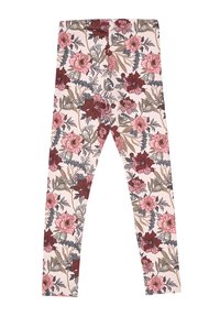 Leggings con uno sfondo rosa caratterizzati da un motivo floreale in tonalità di bordeaux, rosa, grigio e beige.