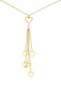 Auksinė kaklo grandinėlė su širdies formos pakabuku, nuo kurio krinta keli auksiniai grandinėlės galai, kiekvienas baigiasi mažesnėmis širdies formomis. Lygi tekstūra.