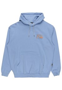 Light blue hoodie made from soft fabric, featuring a front pocket, adjustable drawstring hood, and a logo patch on the chest.