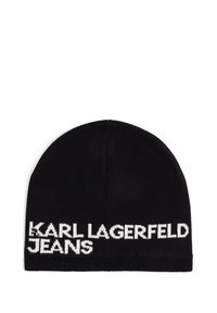 Fekete kötött sapka puha anyagból, fehér dombornyomott "KARL LAGERFELD JEANS" felirattal az elején, ribbelt mandzsettával ellátva.
