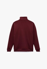 Bordeaux sweatshirt met een hoge kraag, lange mouwen en ribgebreide manchetten. Soepele textuur, eenvoudig ontwerp en geen zichtbare logo's of patronen.