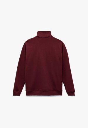 Bordeauxfarbenes Sweatshirt mit hohem Kragen, langen Ärmeln und gerippten Bündchen. Glatte Textur, schlichtes Design und keine sichtbaren Logos oder Muster.