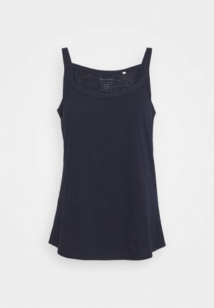 Czarny damski tank top bez rękawów z kwadratowym dekoltem i cienkimi ramiączkami, wykonany z lekkiej organicznej tkaniny.